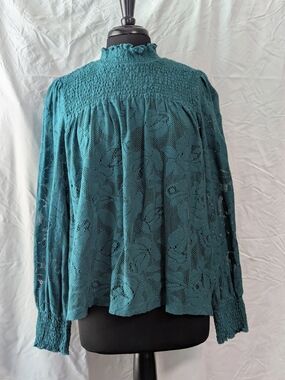Sundance Teal Lace Smocked Yoke Blouse - Women Tops